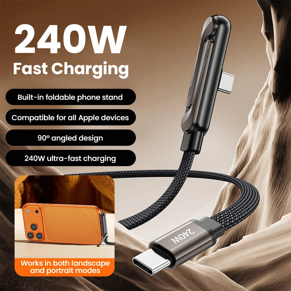 240W 2 in 1 Dual Type-C Super Fast Charging Bracket Charger Cable USB C to USB C for iPhone 17 16 15 Huawei