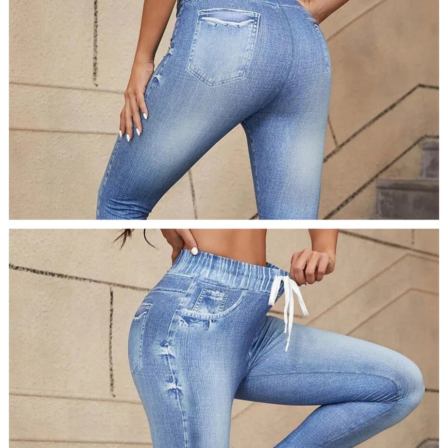 High Stretch Drawstring Imitation Denim Inspired Leggings For Women High Waist Slim Fit Lifted Buttocks Tight Pants Leggings