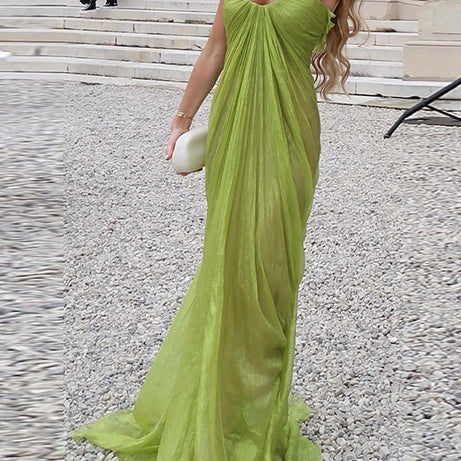 Vestidos de fiesta plisados ​​verdes 2026, nuevos vestidos de verano para mujer, sexys, sin hombros, sin espalda, con tirantes, vestidos largos lisos para mujer