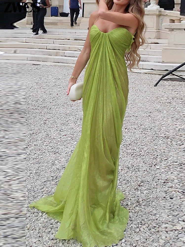 Robes de soirée plissées vertes été 2026 - Nouvelle robe sexy épaules dénudées sans manches dos nu à bretelles - Robe longue unie pour femme