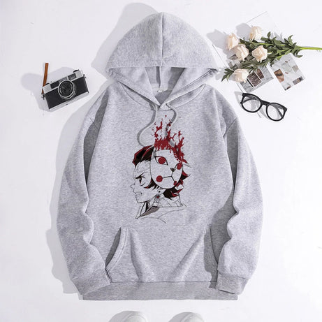 Japanese Anime Demon Slayer Hoodie Unisex Kamado Tanjirou Graphic Sweatshirts Greys Y2k Harajuku Fashion Cartoon Pullover Winter