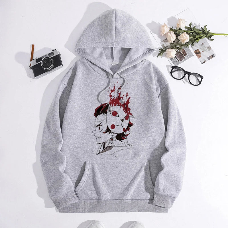 Japanese Anime Demon Slayer Hoodie Unisex Kamado Tanjirou Graphic Sweatshirts Greys Y2k Harajuku Fashion Cartoon Pullover Winter