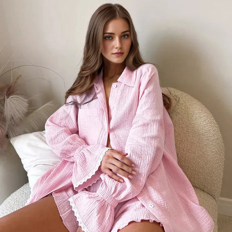 Ensemble pyjama en coton pour femme, automne, chemise à manches longues et short, ensemble 2 pièces, vêtements de nuit décontractés à volants.