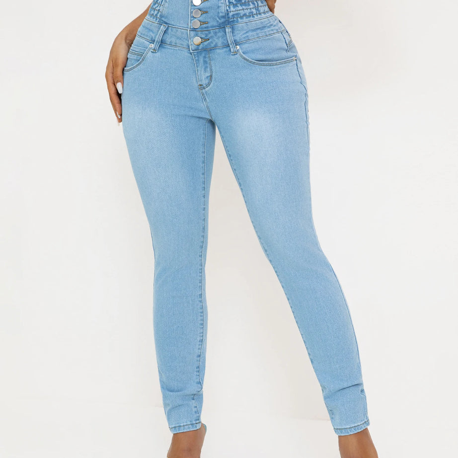 Jean en denim stretch taille haute pour femme - Coupe slim sexy avec effet push-up, style décontracté, bleu clair, confort toutes saisons, taille haute