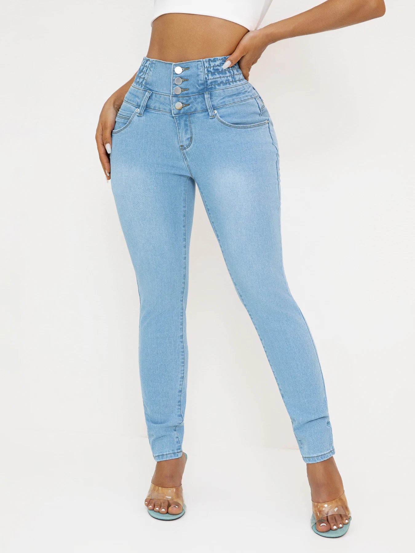 Jeans de mezclilla elástica de talle alto para mujer - Ajuste sexy y ajustado con efecto levantamiento de glúteos, estilo casual, azul claro, comodidad para todas las estaciones, talle alto