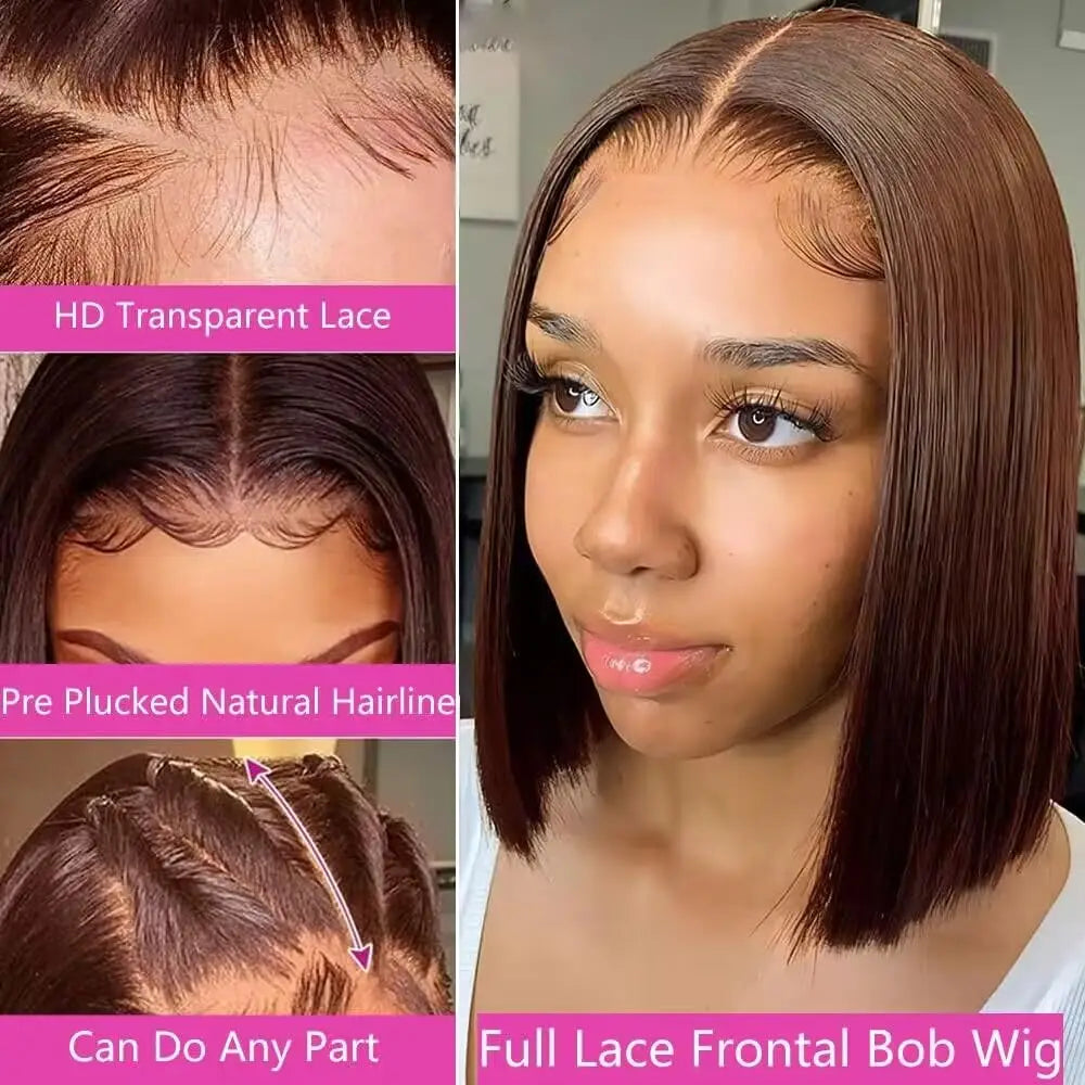 Chocolate Brown 13x4 Straight Lace Frontal Bob Wig Pre Plucked Human Hair Wigs Brazilian Remy #4 Colored Straight Short Bob Wig