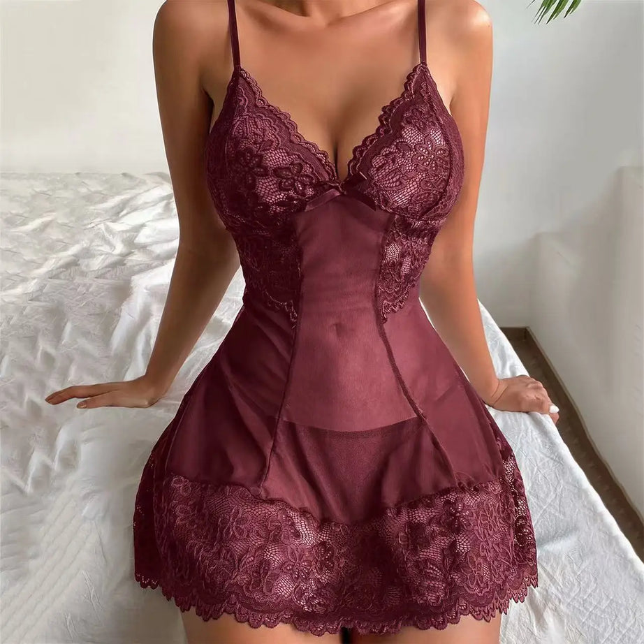 Pyjama femme sexy à nœud en dentelle, pyjamas, mini-robes, grandes tailles, lingerie décolletée, ensemble de pyjama sexy