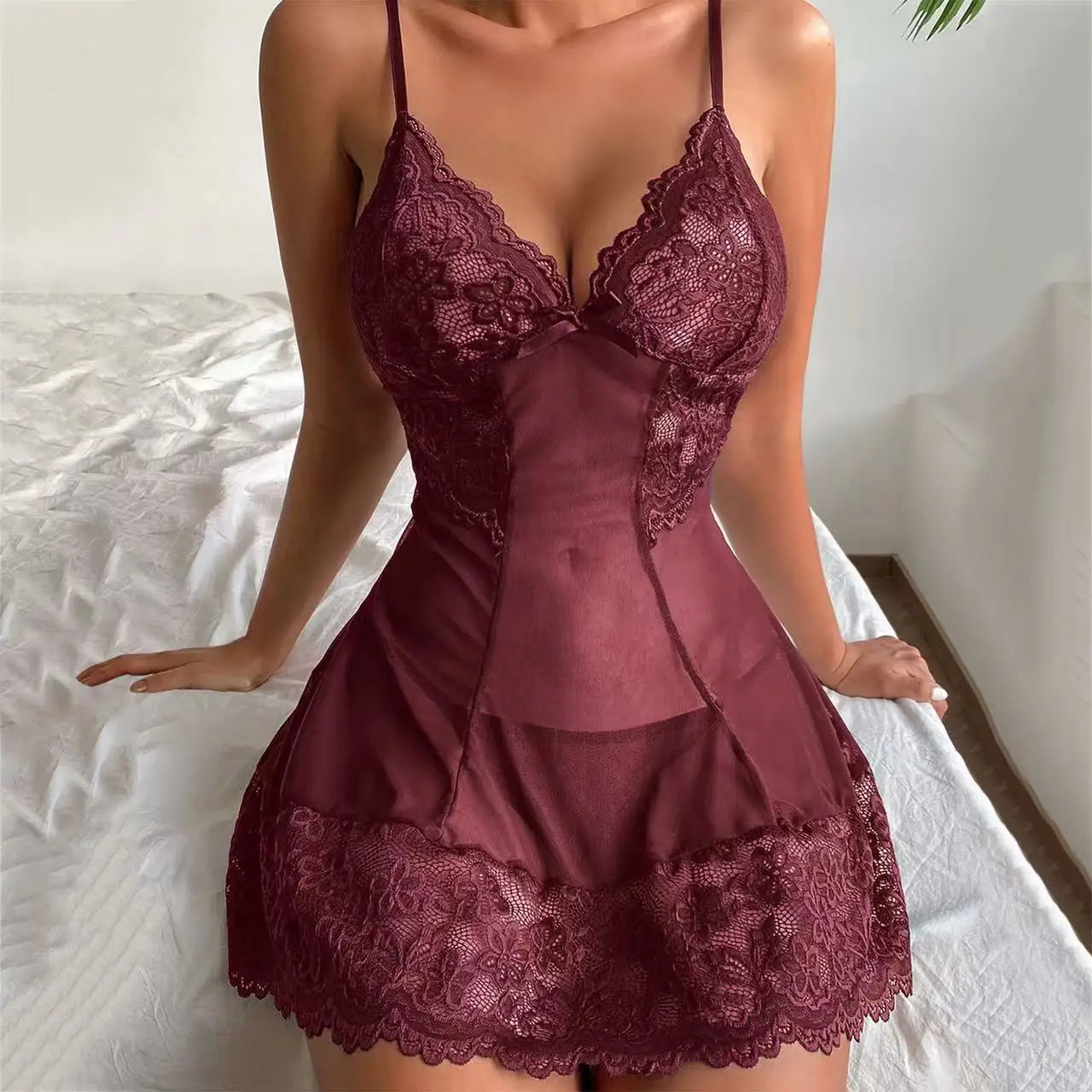 Pyjama femme sexy à nœud en dentelle, pyjamas, mini-robes, grandes tailles, lingerie décolletée, ensemble de pyjama sexy