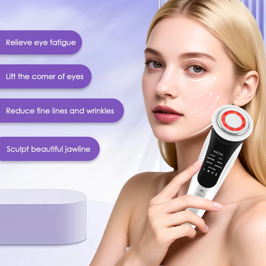 Appareil de massage facial EMS 7 en 1, instrument de beauté pour le visage avec vibrations induites, compresses chaudes et thérapie par la lumière LED.