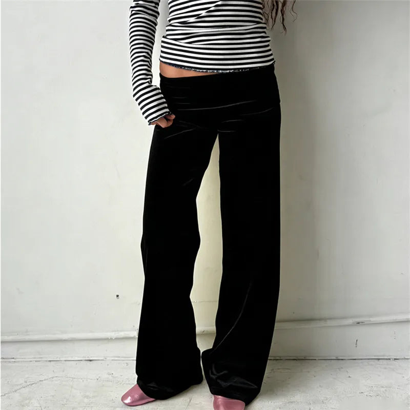 Pantalon large femme, couleur unie, taille repliable, pantalon décontracté printemps automne, pantalon de jogging ample, style streetwear Y2K