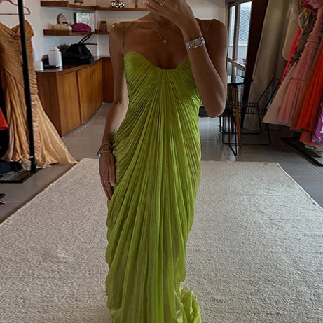 Vestidos de fiesta plisados ​​verdes 2026, nuevos vestidos de verano para mujer, sexys, sin hombros, sin espalda, con tirantes, vestidos largos lisos para mujer