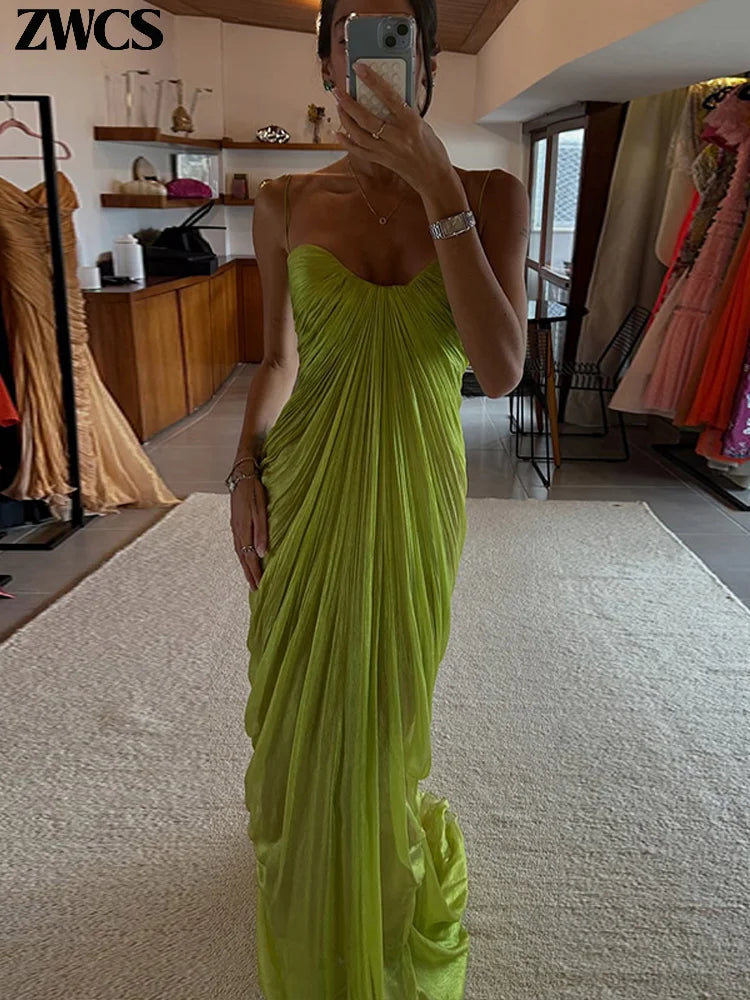Vestidos de fiesta plisados ​​verdes 2026, nuevos vestidos de verano para mujer, sexys, sin hombros, sin espalda, con tirantes, vestidos largos lisos para mujer