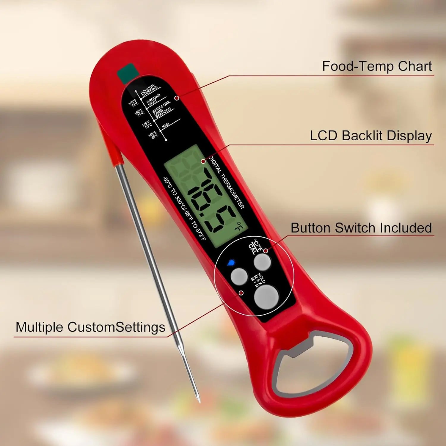 Thermomètre à viande à lecture instantanée pour la cuisson, thermomètre alimentaire numérique rapide et précis avec rétroéclairage, aimant, étalonnage, cuisine