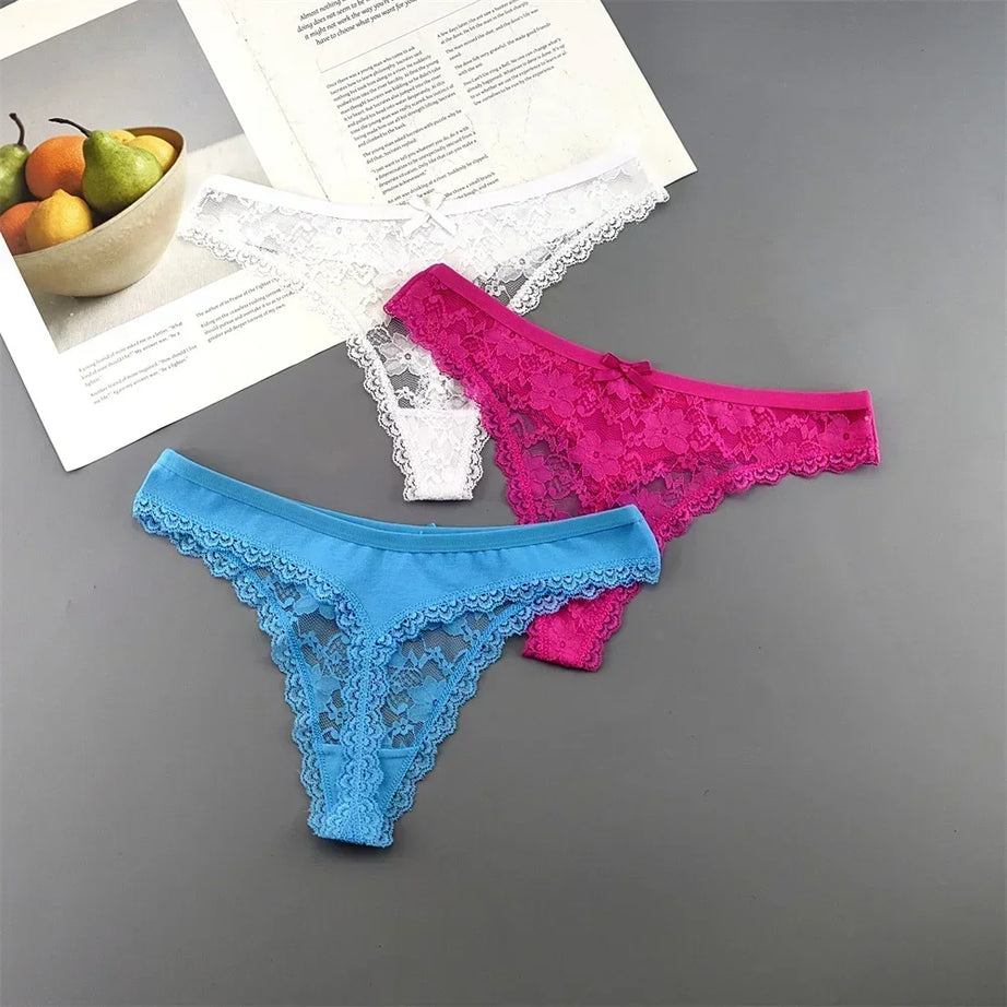 Lot de 3 culottes string sexy en dentelle transparente pour femme, sans coutures, style bikini, taille basse, tailles S à XXL
