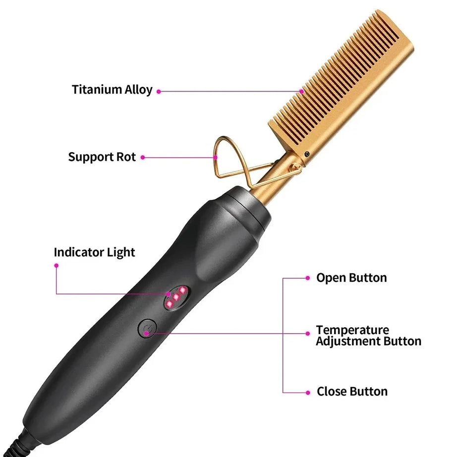Peigne chauffant électrique rose, fer à lisser pour cheveux, barbe et perruques, utilisable sur cheveux secs ou mouillés.