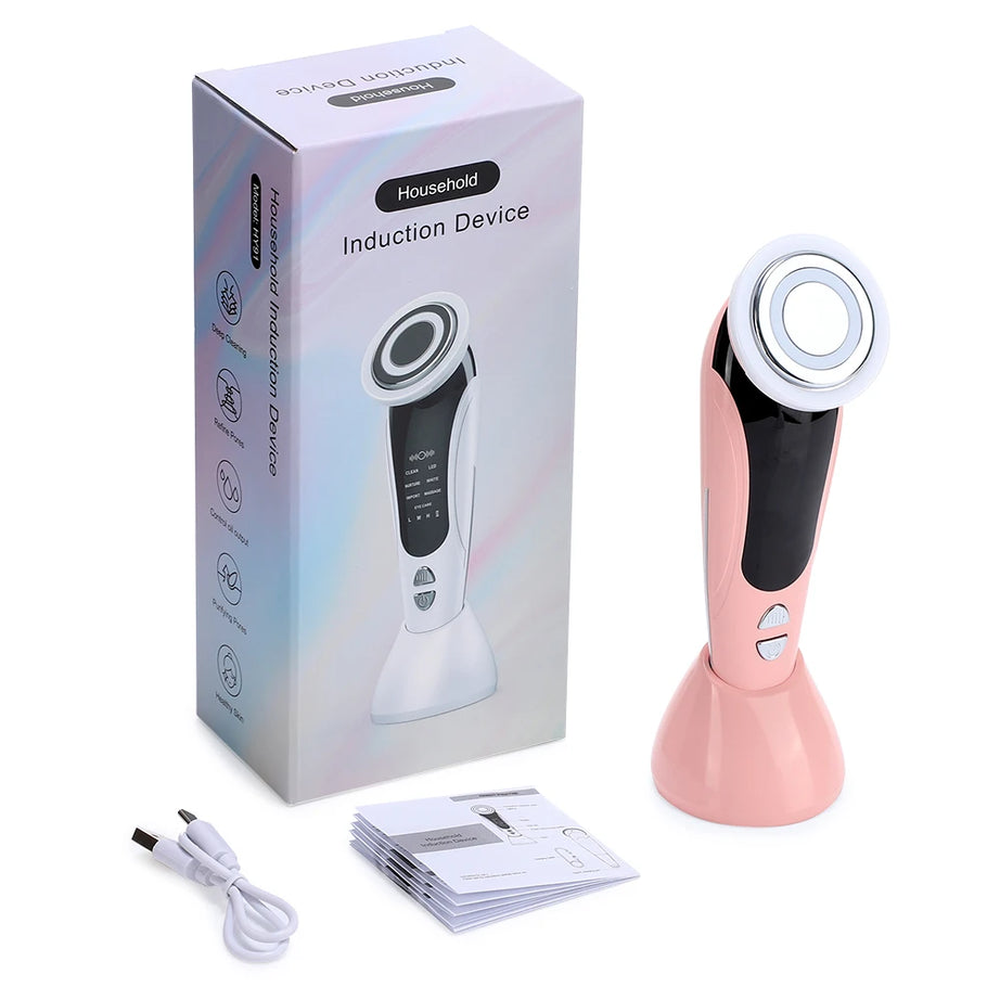 Appareil de massage facial EMS 7 en 1, instrument de beauté pour le visage avec vibrations induites, compresses chaudes et thérapie par la lumière LED.