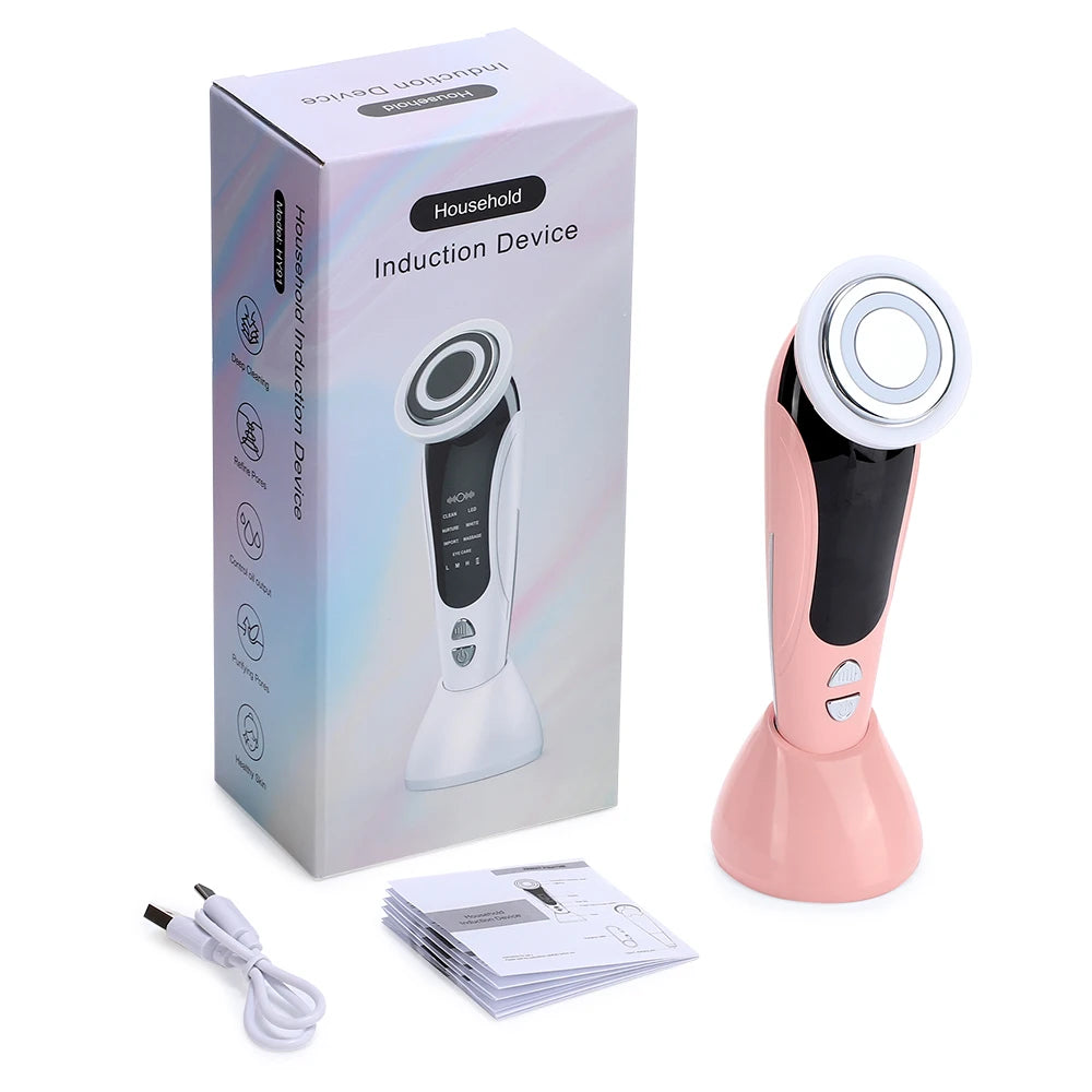 Appareil de massage facial EMS 7 en 1, instrument de beauté pour le visage avec vibrations induites, compresses chaudes et thérapie par la lumière LED.