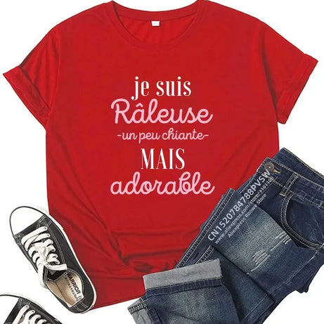 Hauts Harajuku noirs, roses et rouges, vêtements pour femmes, France, t-shirt graphique amusant avec inscription, style fille, manches courtes