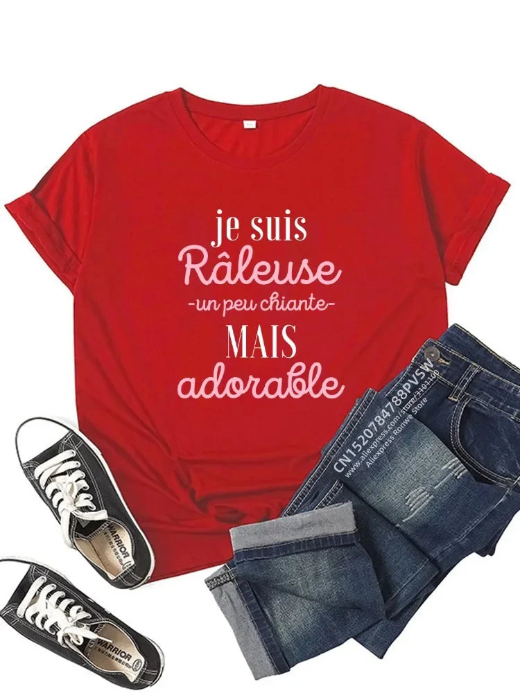 Hauts Harajuku noirs, roses et rouges, vêtements pour femmes, France, t-shirt graphique amusant avec inscription, style fille, manches courtes