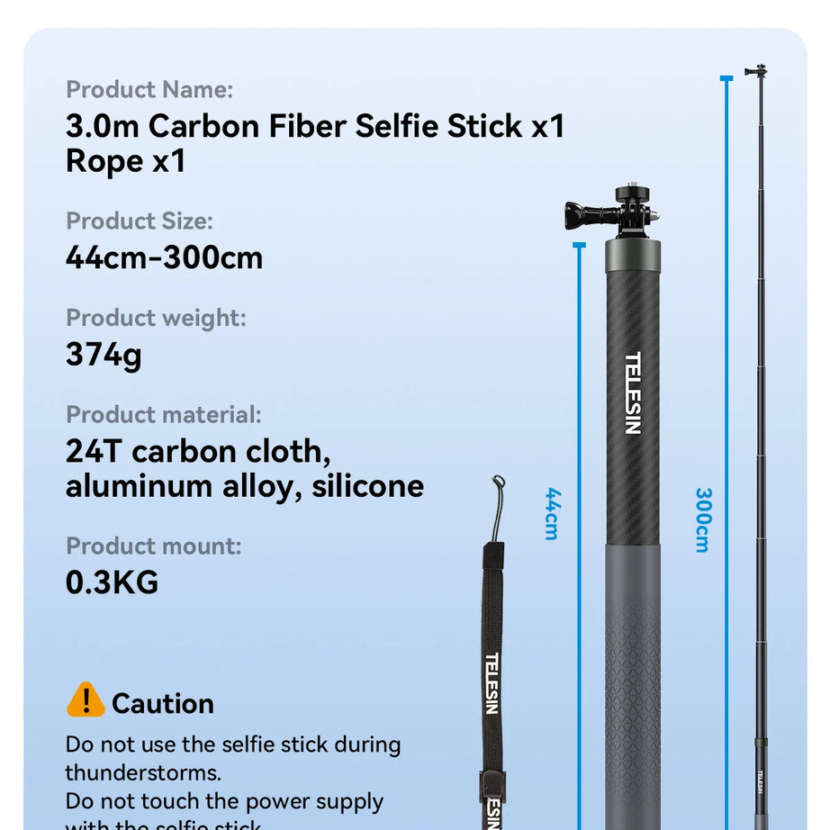 Perche à selfie monopode extensible TELESIN en fibre de carbone de 1,2 m x 3 m, avec vis 1/4", compatible avec les caméras d'action GoPro, Insta360, Osmo Action et DJI.