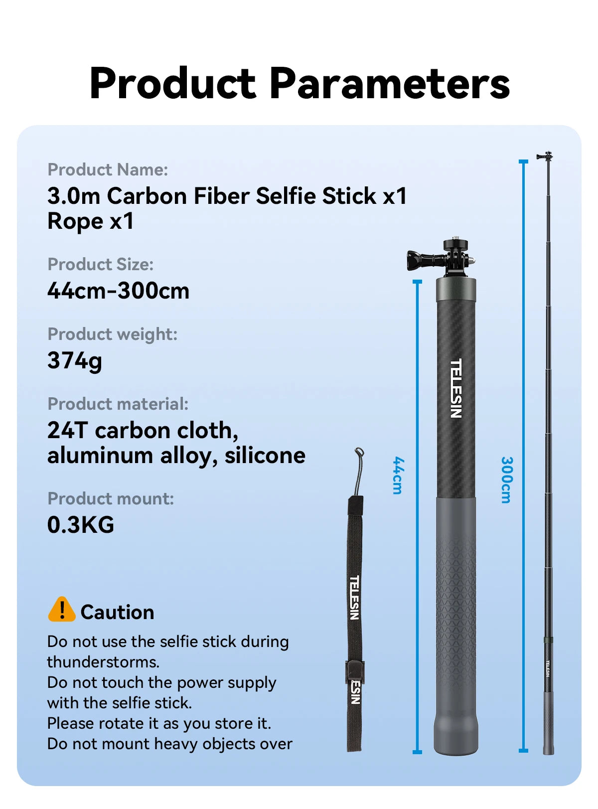 Perche à selfie monopode extensible TELESIN en fibre de carbone de 1,2 m x 3 m, avec vis 1/4", compatible avec les caméras d'action GoPro, Insta360, Osmo Action et DJI.