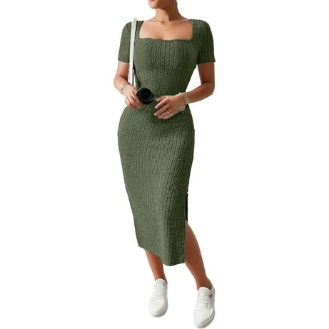 Robe d'été en maille fendue, col carré, jupe mi-longue moulante, manches courtes