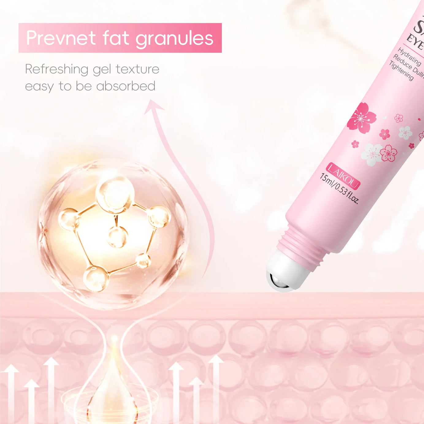 LAIKOU Sakura Eye Serum Roller Massage con ácido hialurónico para el cuidado de la piel, bolsas en los ojos, crema hidratante para ojeras 15 ml