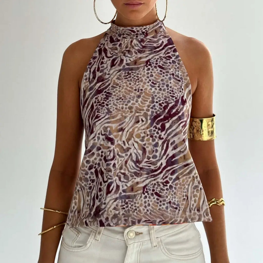 Combhasaki Débardeurs d'été pour femmes, style années 2000, à boutons, col halter, sans manches, dos nu, imprimé à pois/fleurs tie-dye