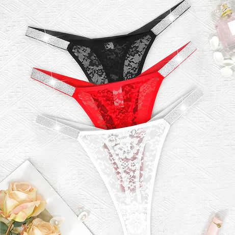 Lot de 3 strings sexy en dentelle pour femme, culottes fleuries transparentes, taille basse, deux ceintures brillantes, string confortable, lingerie intime