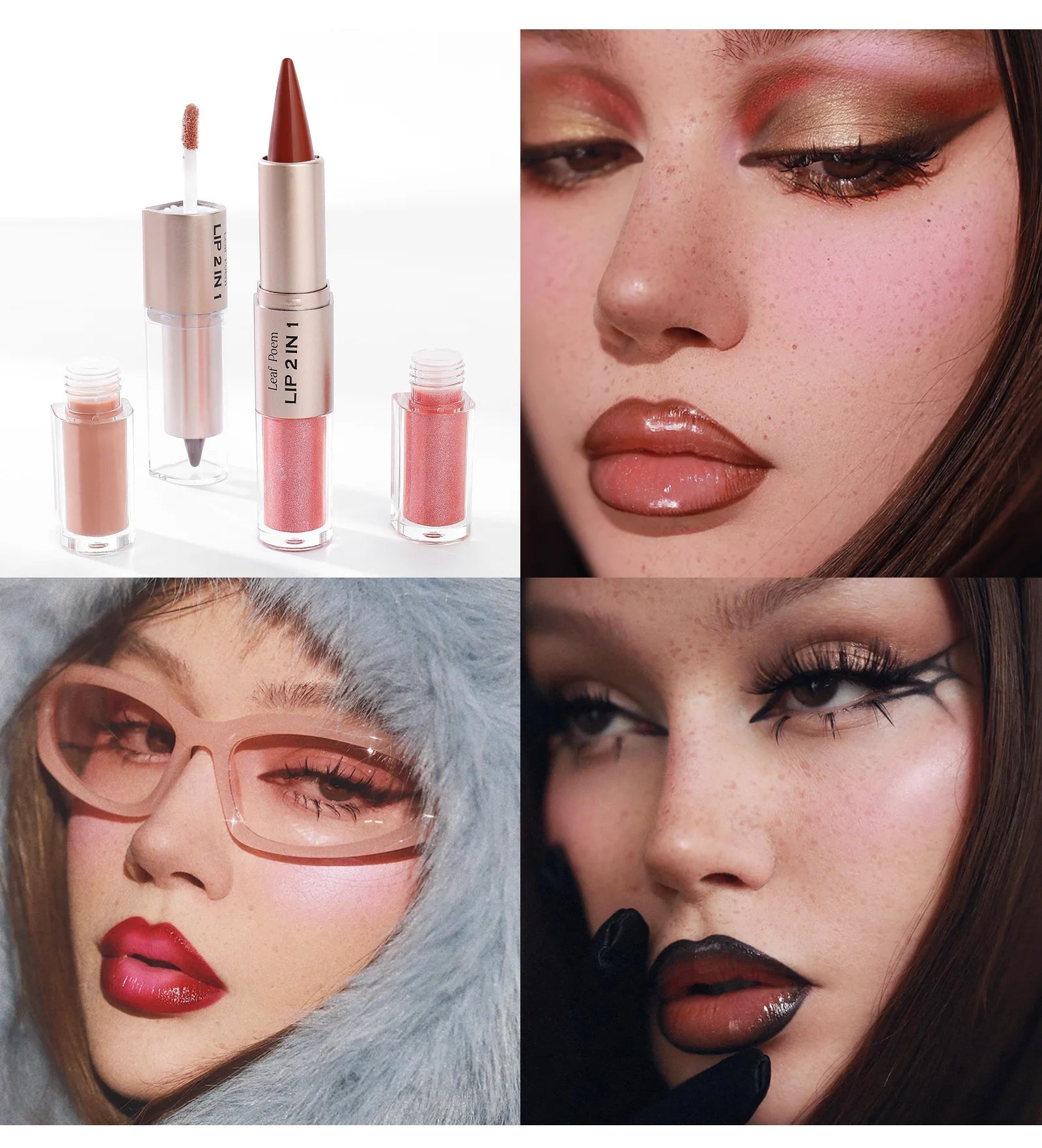 Crayon contour des lèvres noir et marron effilé, double embout miroir, effet repulpant, gloss cristal, maquillage pour des lèvres rouges sexy