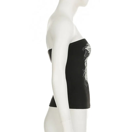 Débardeur noir sans bretelles à imprimé gothique pour femme, coupe skinny, court, style décontracté chic estival, streetwear Y2K, basique