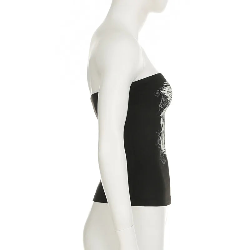 Débardeur noir sans bretelles à imprimé gothique pour femme, coupe skinny, court, style décontracté chic estival, streetwear Y2K, basique