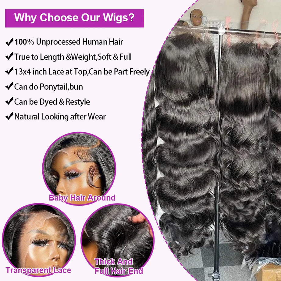 Perruques en cheveux humains pour femmes, 40 à 50 pouces, 13x4 ou 13x6, ondulées, avec lace frontale HD, sans colle, pré-épilées, densité 300 %.