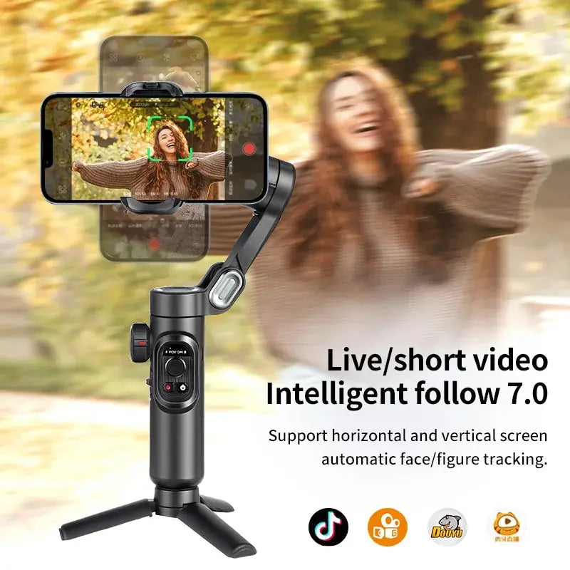 Stabilisateur à cardan 3 axes pour smartphone, pliable, portable, pour l'enregistrement vidéo, les vlogs et les appareils Android. Stabilisateur anti-tremblement PTZ pour iPhone et Android.