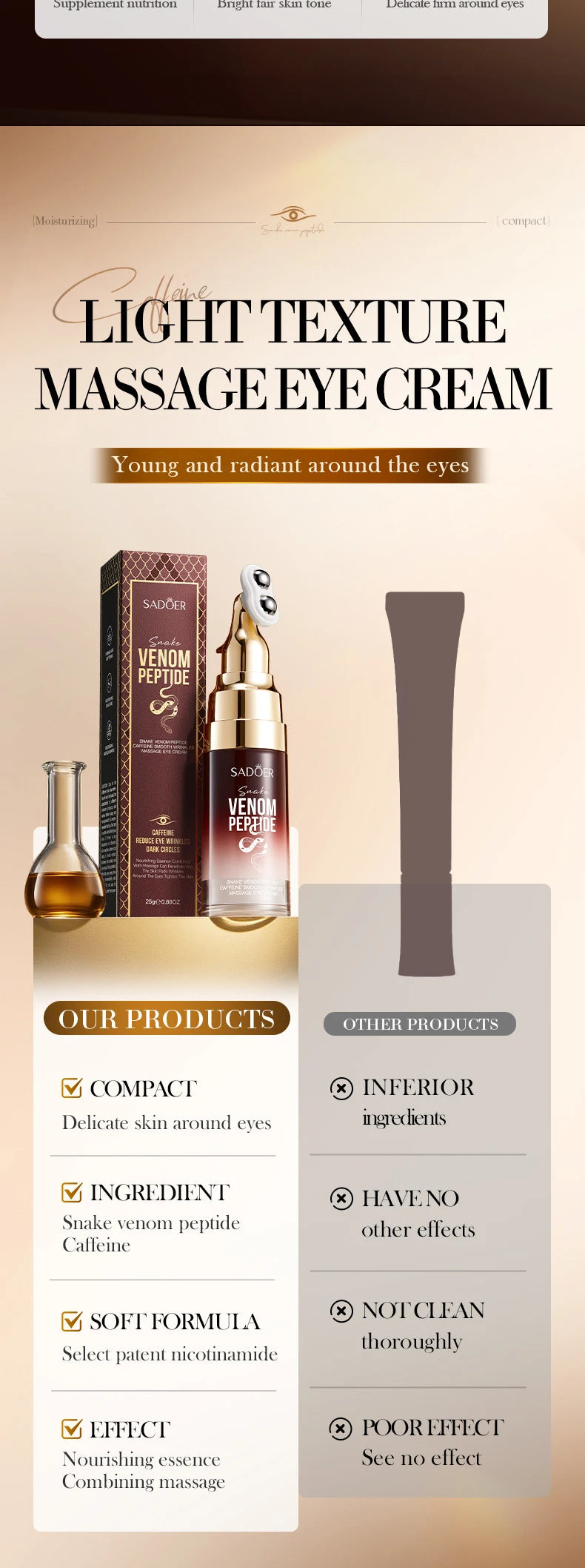Crème contour des yeux SADOER à base de venin de serpent, de peptides et de caféine, anti-rides, massante, anti-cernes et hydratante. Soin anti-âge pour les yeux.