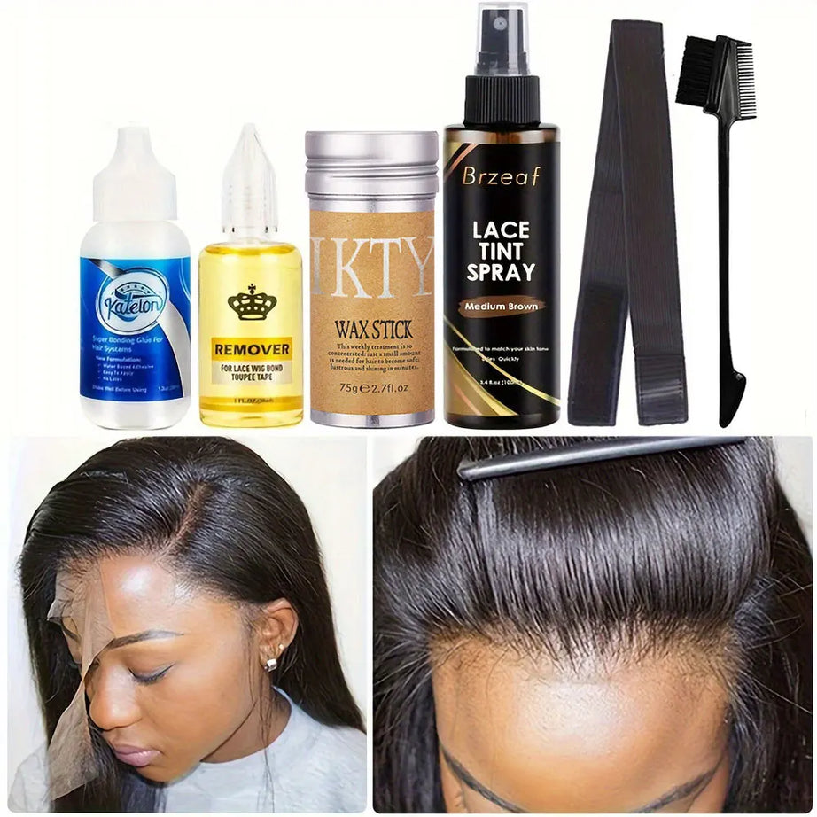 Colle imperméable pour perruques à lace front, 38 ml, colle liquide adhésive pour cheveux, bâtonnet de cire pour perruque, spray colorant pour dentelle, bande élastique fondante