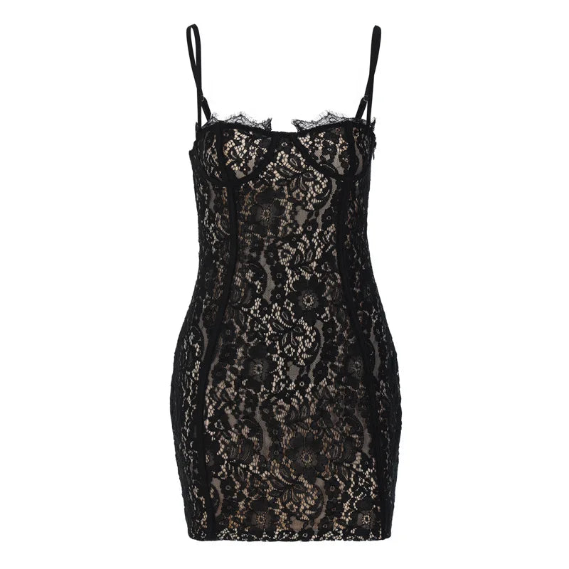 Robe mini moulante à bretelles en dentelle Dulzura été 2024 pour femme, style streetwear sexy, idéale pour les soirées et les clubs. Livraison directe. Vêtements style années 2000.