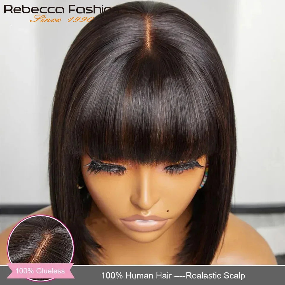 Perruques en cheveux humains lisses avec frange, raie au milieu, coupe au carré, style brésilien, effet cuir chevelu réaliste.