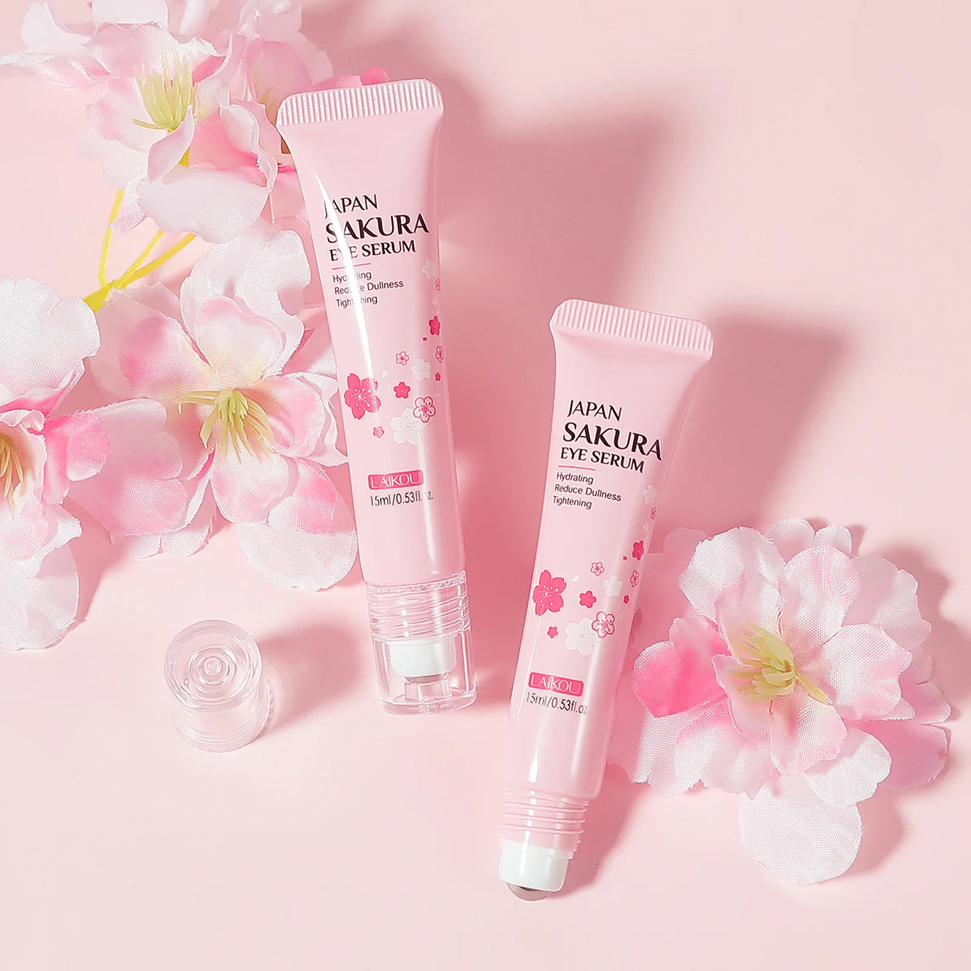 LAIKOU Sakura Eye Serum Roller Massage con ácido hialurónico para el cuidado de la piel, bolsas en los ojos, crema hidratante para ojeras 15 ml