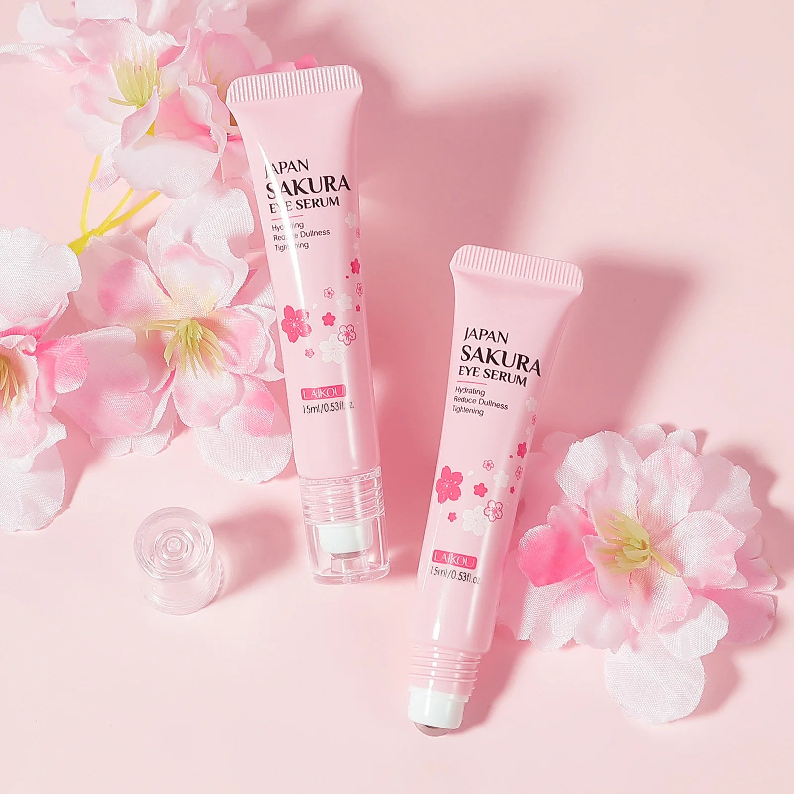 LAIKOU Sakura Eye Serum Roller Massage con ácido hialurónico para el cuidado de la piel, bolsas en los ojos, crema hidratante para ojeras 15 ml