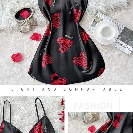 Nuisette en satin à imprimé lèvres rouges pour la Saint-Valentin, mini-robe de nuit dos nu à col en V, vêtements de nuit pour femmes