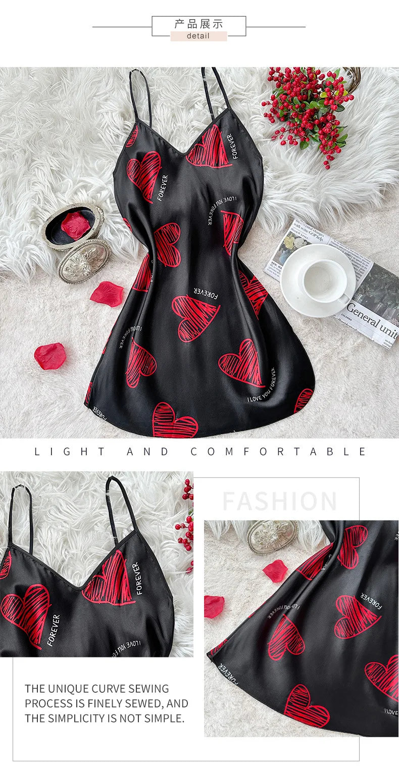 Nuisette en satin à imprimé lèvres rouges pour la Saint-Valentin, mini-robe de nuit dos nu à col en V, vêtements de nuit pour femmes