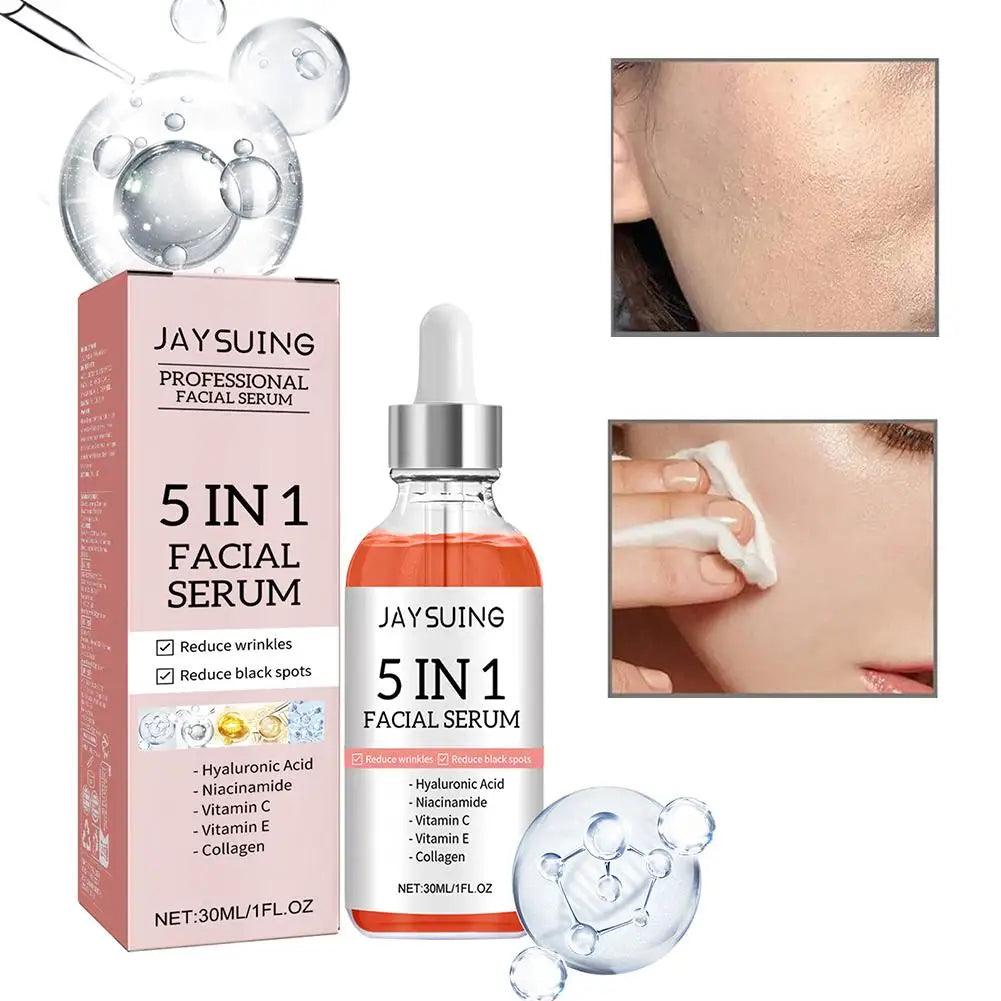 Sérum visage 5 en 1 : Atténue les ridules, raffermit, hydrate et illumine le teint, enrichi en vitamine C et en acide hyaluronique, resserre les pores. Soin de la peau.