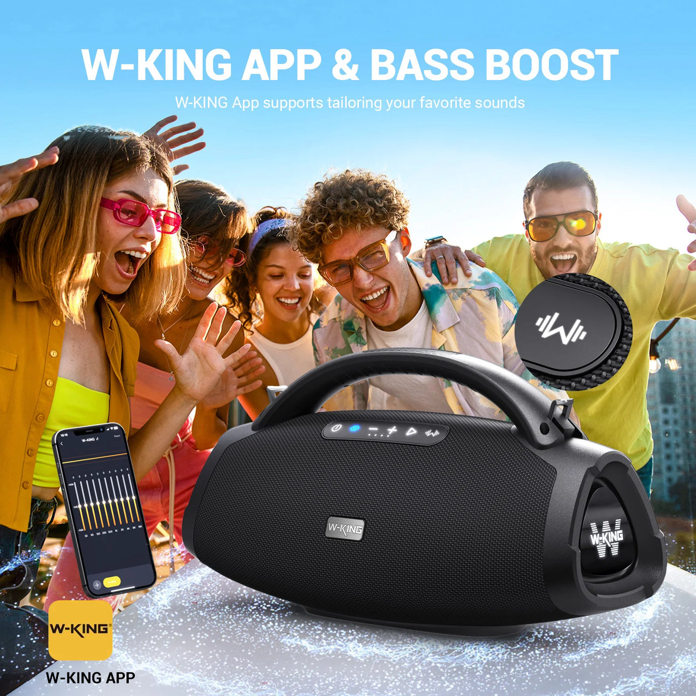 Enceinte Bluetooth portable W-KING 200 W RMS, boombox de fête aux basses puissantes, enceinte étanche IPX7, grande enceinte puissante pour l'extérieur