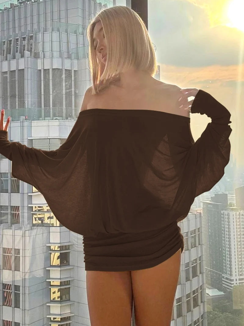 Robe mini Dulzura à épaules dénudées et manches longues, ornée de patchwork froncé, pour femme, tenue sexy, élégante et décontractée idéale pour les soirées et les clubs, printemps-été.