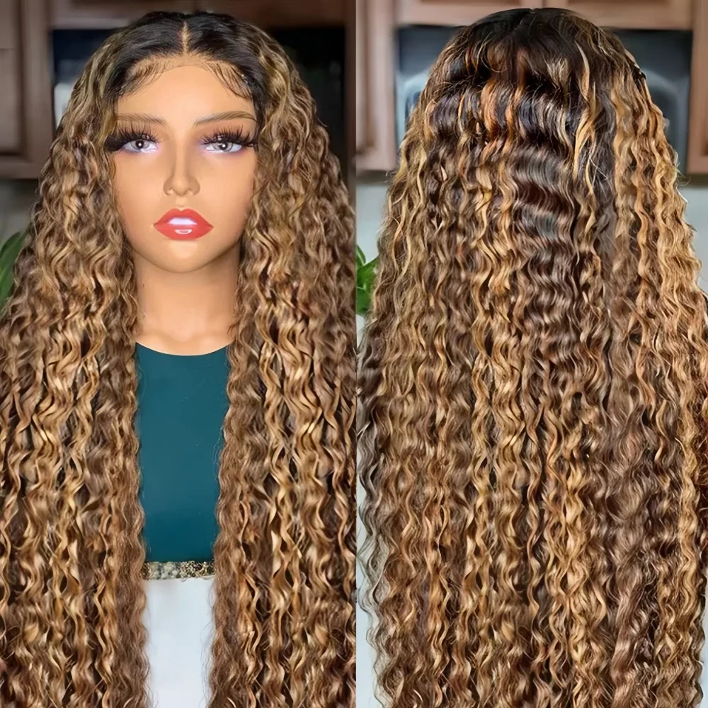 Perruque en cheveux humains avec mèches, ondulations profondes, perruque frontale en dentelle HD 13x6, perruque ondulée 13x4, perruque bouclée en cheveux humains avec dentelle frontale.