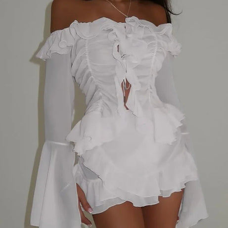 Ensembles pour femmes Ahagaga Fashion, manches longues, coupe slim unie, bretelles croisées, col bateau transparent.