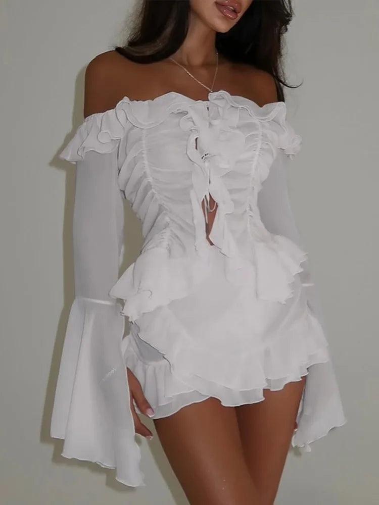 Ensembles pour femmes Ahagaga Fashion, manches longues, coupe slim unie, bretelles croisées, col bateau transparent.