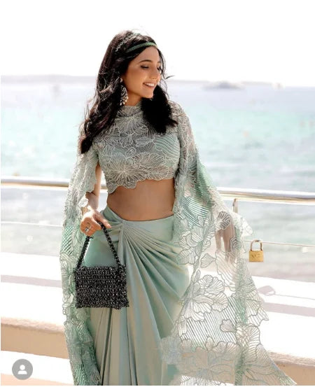 Indian Saree 2 Piece Prom Gowns Chic Lace Pleated vestido do fiesta Fashion Long Sleeve Formal Dresses Mint Color