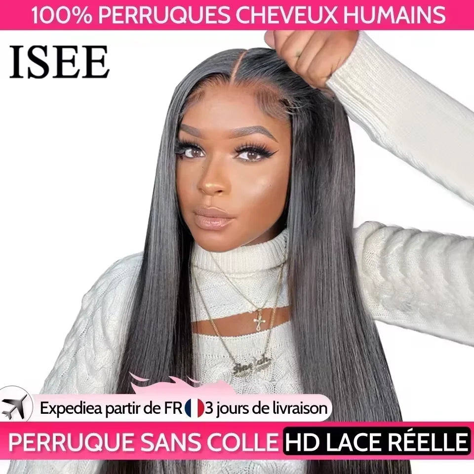 Perruques ISEE Hair sans colle, cheveux humains, prêtes à porter, lisses, pré-épilées, faciles à porter, avec lace front 7x5HD et dentelle prédécoupée.